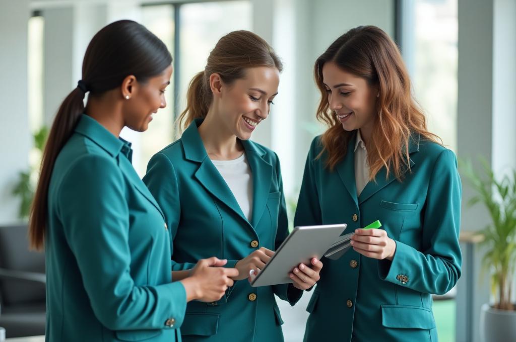 Afi Cleanse team members collaborating in a bright, modern office setting, discussing cleaning plans